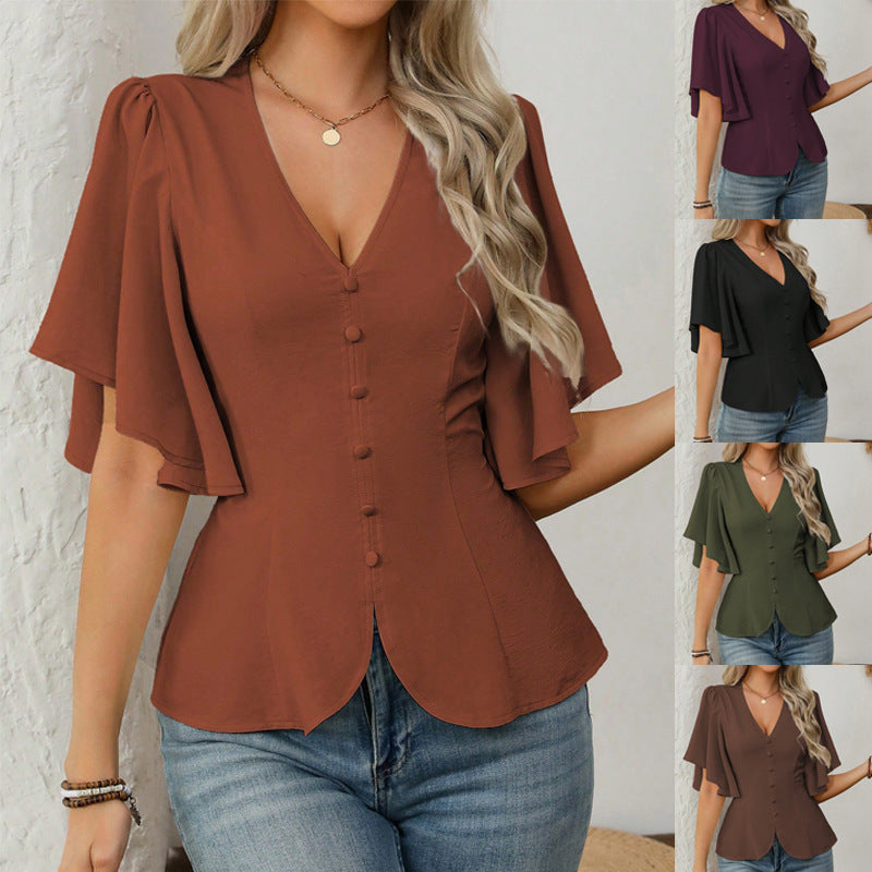 Dame elegant bluse med klokkeermer og knappdetalj Skjora