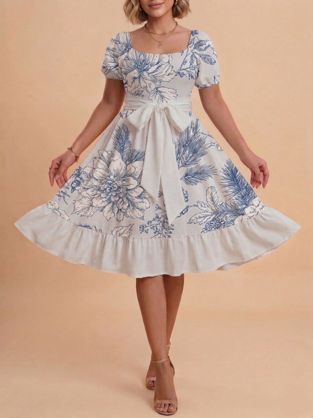 Damen Retro Maxikleid mit Puffärmeln und Taillengürtel Skjora
