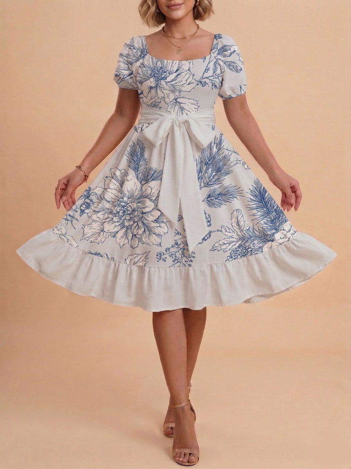 Damen Retro Maxikleid mit Puffärmeln und Taillengürtel Skjora
