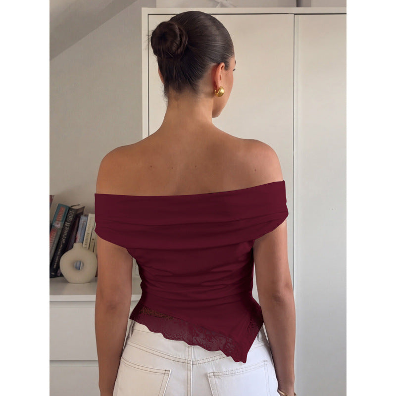 Damer Off-Shoulder topp med filigran spissdetalj og avslappet snitt Skjora