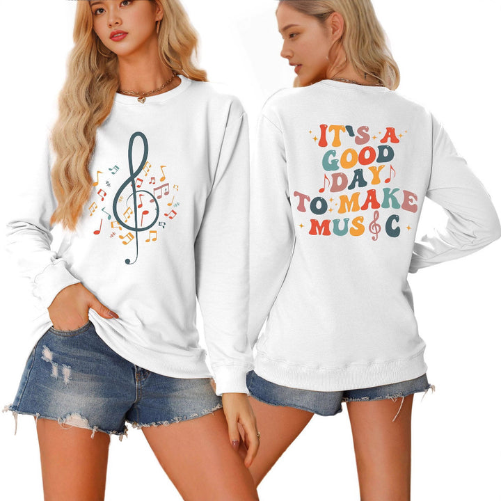 Dame sweatshirt med musikalsk motiv og kreativ skrift Skjora