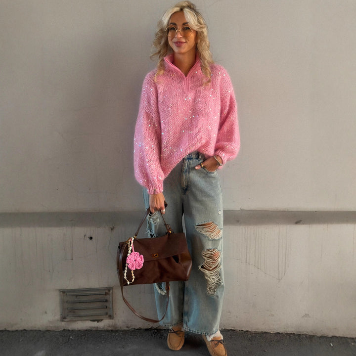 Kvinnes Glitter Genser med Casual Cut og Høy Krage Skjora