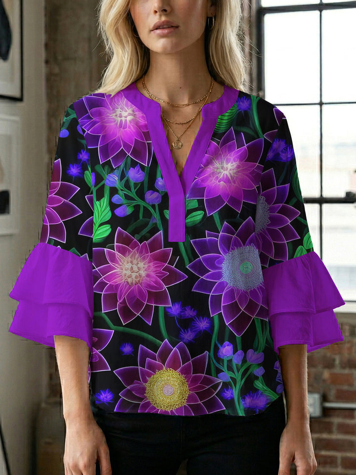 Dame bluse skjorte med voluminøse ermer og blomster mønster Skjora