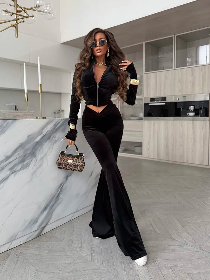 Dame elegant joggedress med kort glidelås og vid bukse Skjora