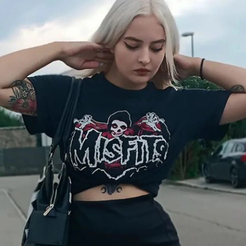 Dame cropped T-skjorte med glitrende påskrift Skjora