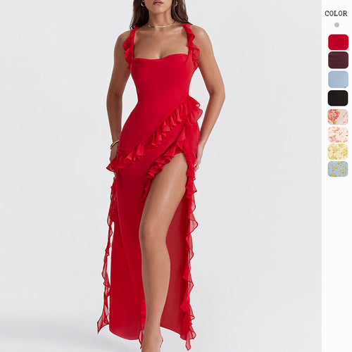 Kvinne Maxi Kjole med Volanger og Blomsterdesign