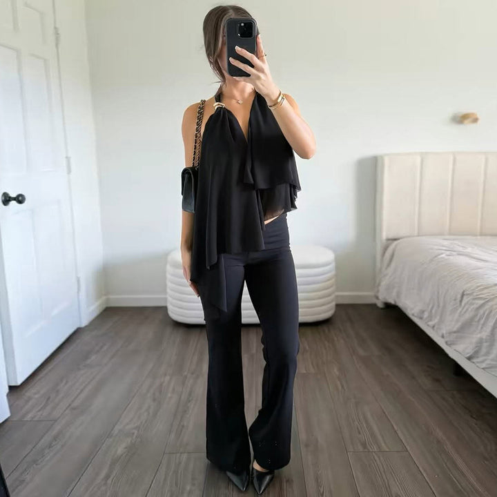 Damer Flytende chiffon topp med elegant V-hals og rynker Skjora