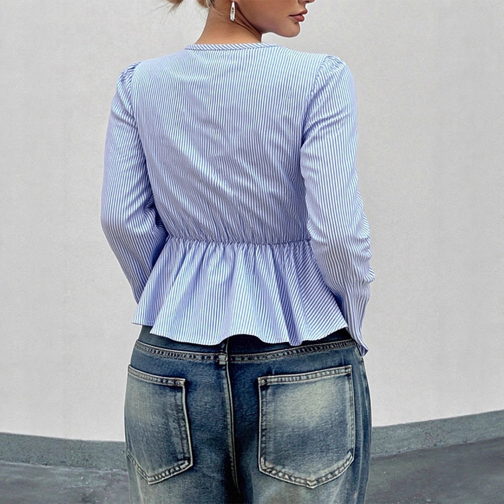 Dame cropped bluse med lekne volanger detaljer og knytbar slips lukking Skjora