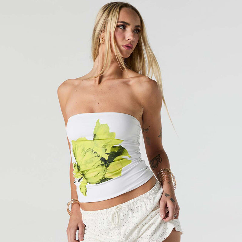 Dame Bandeau-top med blomstermønster og elastisk stoff Skjora