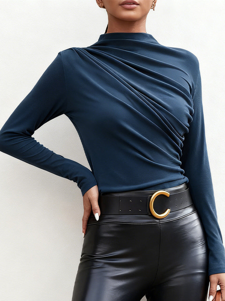 Damer elegant langermet skjorte med luksuriøst draperingsdesign og stilfull ståkrage Skjora