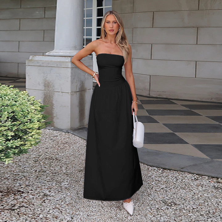 Damer elegant Bandeau-Maxi-kjole med svingende skjørt og elastisk midje Skjora