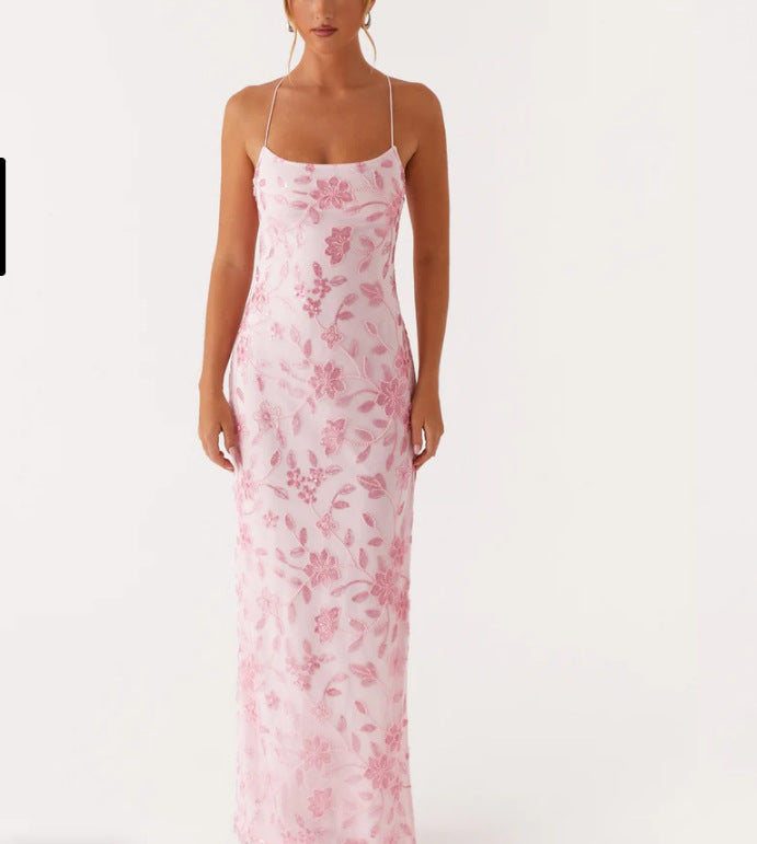 Damer Couture Maxi Kjole med Blomster Smock Design og Forførende Bak Skjora