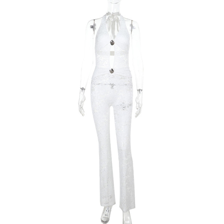 Dame elegant jumpsuit med stilige snøringer og transparent lacedesign Skjora