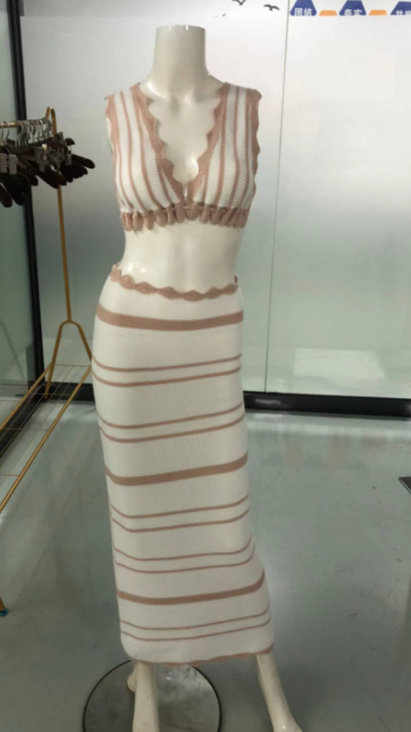 Dame strikket Crop-Top og Maxi-nederdel Sett Skjora