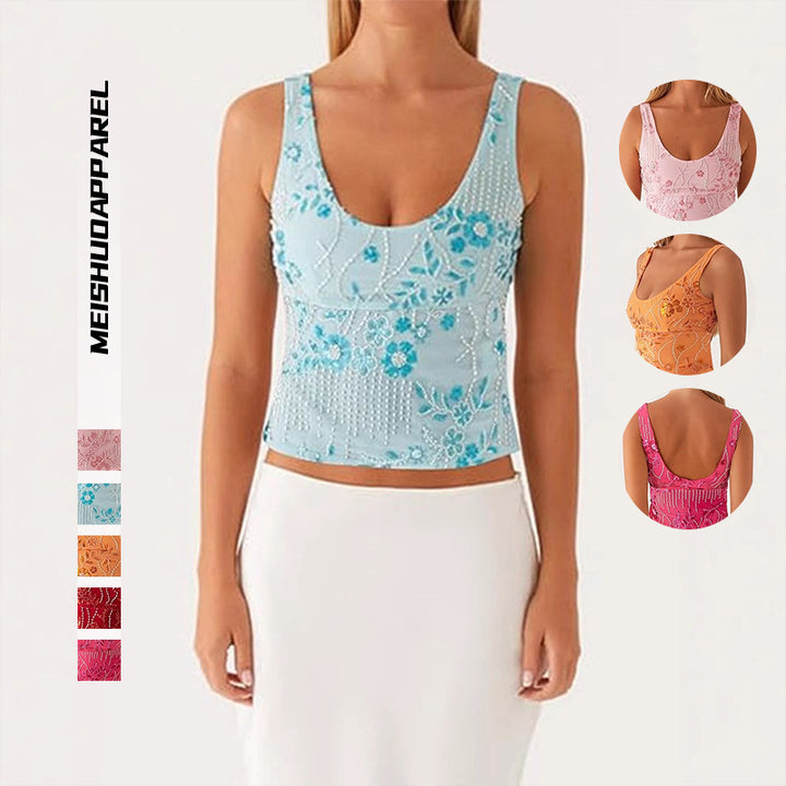 Damescouture topp med blomstret rhinestonesdesign og tettsittende snitt