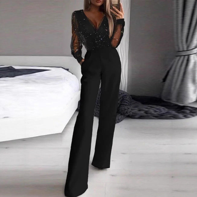 Damer Elegant Jumpsuit med Transparent Bluse og Glitrende Akcenter Skjora