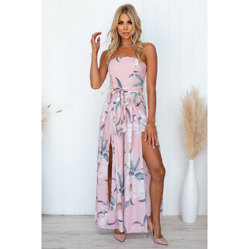 Kvinne maxi kjole med blomstertrykk og splitt Skjora