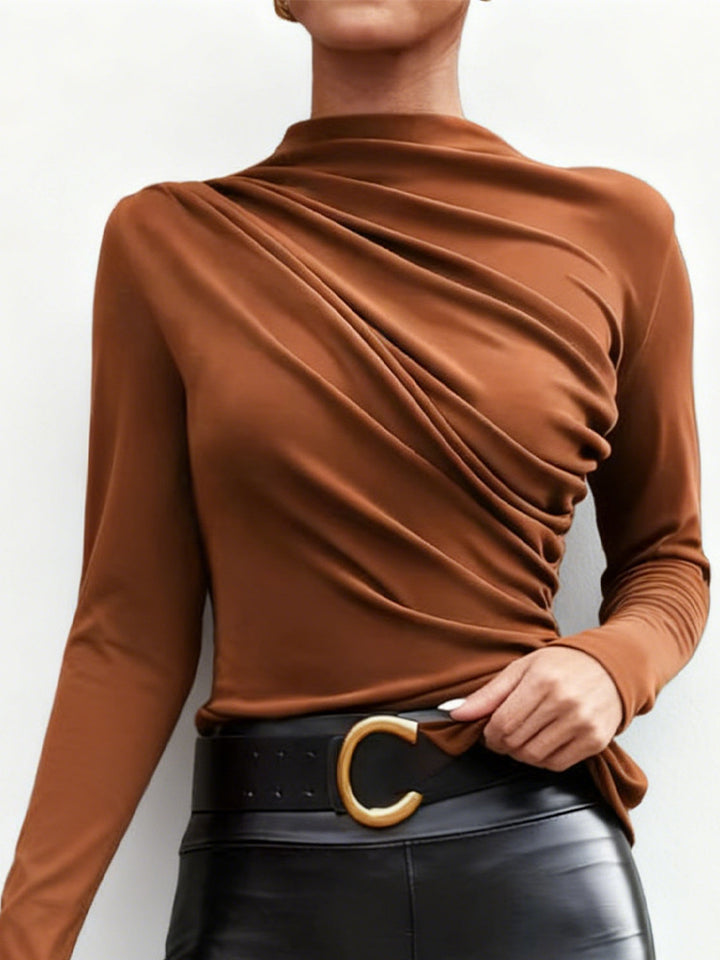 Damer elegant langermet skjorte med luksuriøst draperingsdesign og stilfull ståkrage Skjora