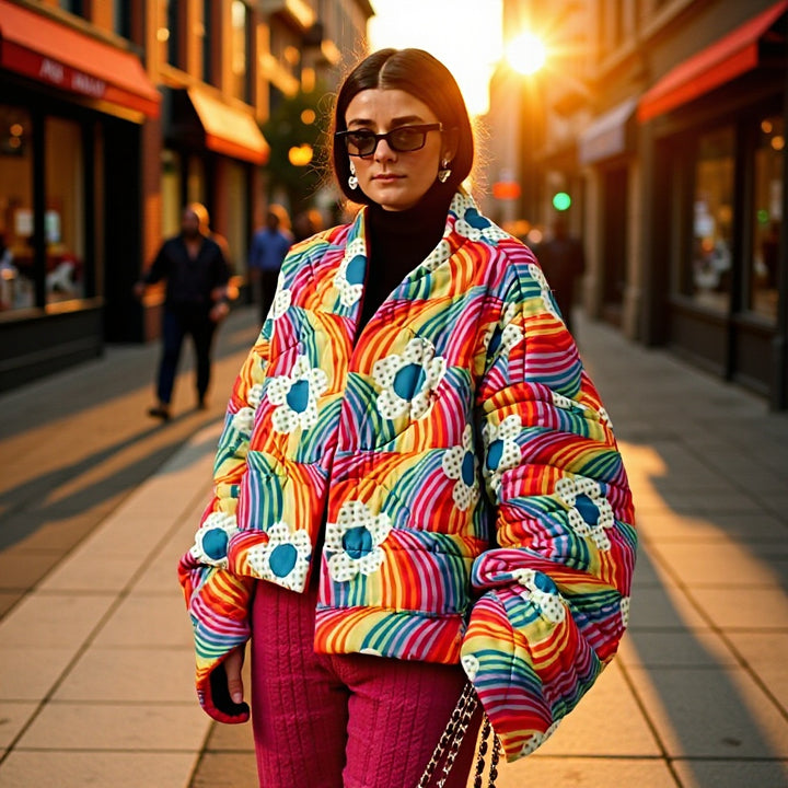 Damer Cozy Quiltet Jakke med Fargerik Design og Voluminøse Ermer Skjora