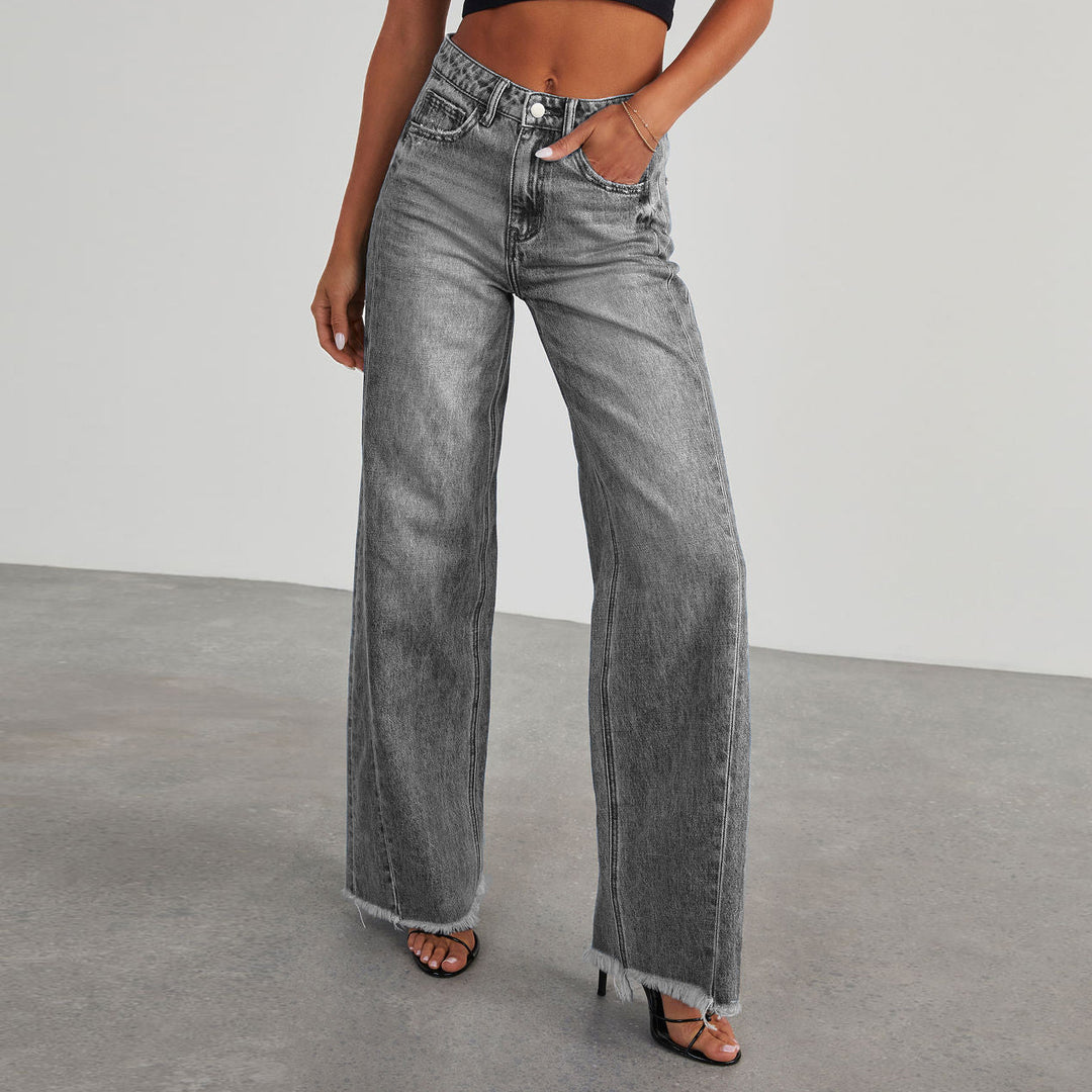 Damer Høyhåndet Mom Jeans i Klassisk Snitt med Frayed Hem Skjora