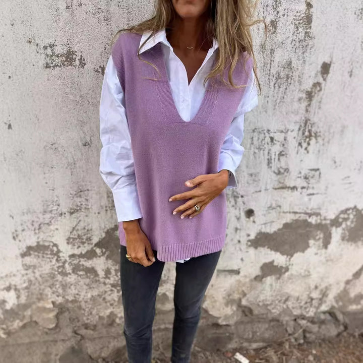 Damer elegant strikket vest med V-hals og fine ribbedetaljer Skjora