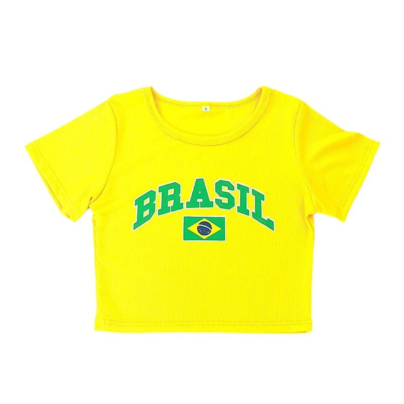 Dame avslappet croppet T-skjorte med brasiliansk print Skjora