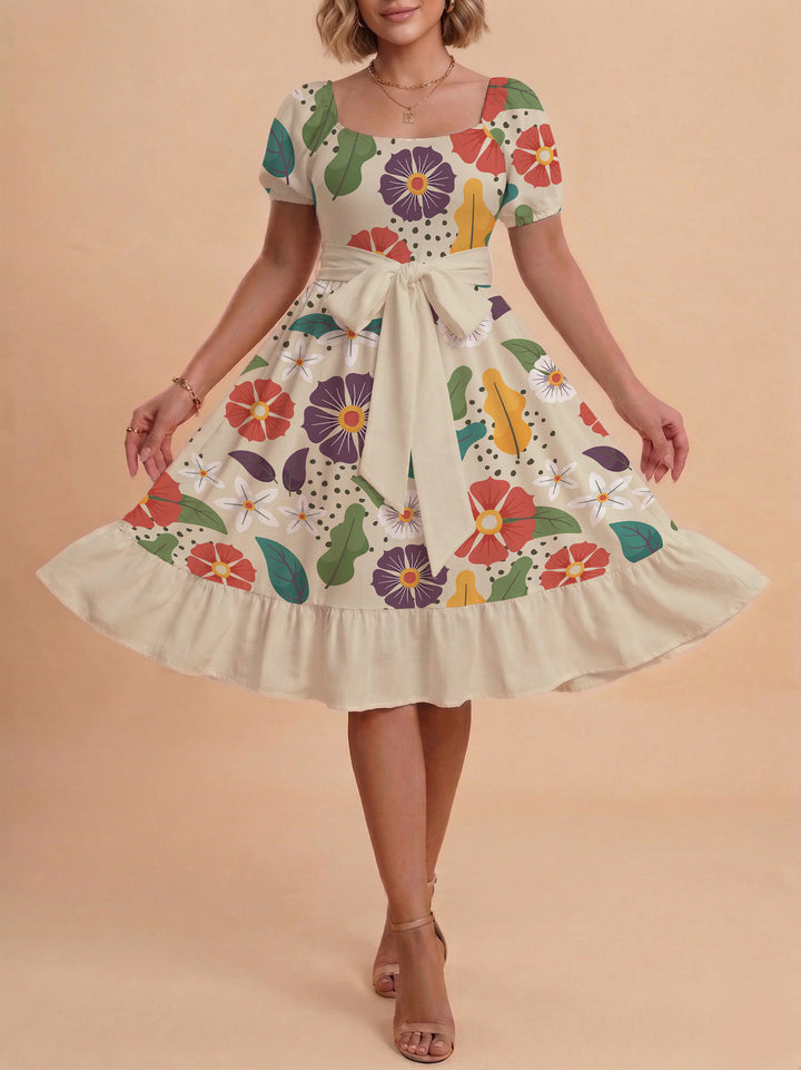 Dame Midi kjole med elegant blomstertrykk og belte i midjen Skjora
