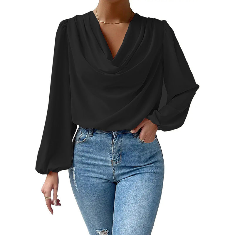 Damer Elegant Langarm-bluse med drapering og vid passform Skjora