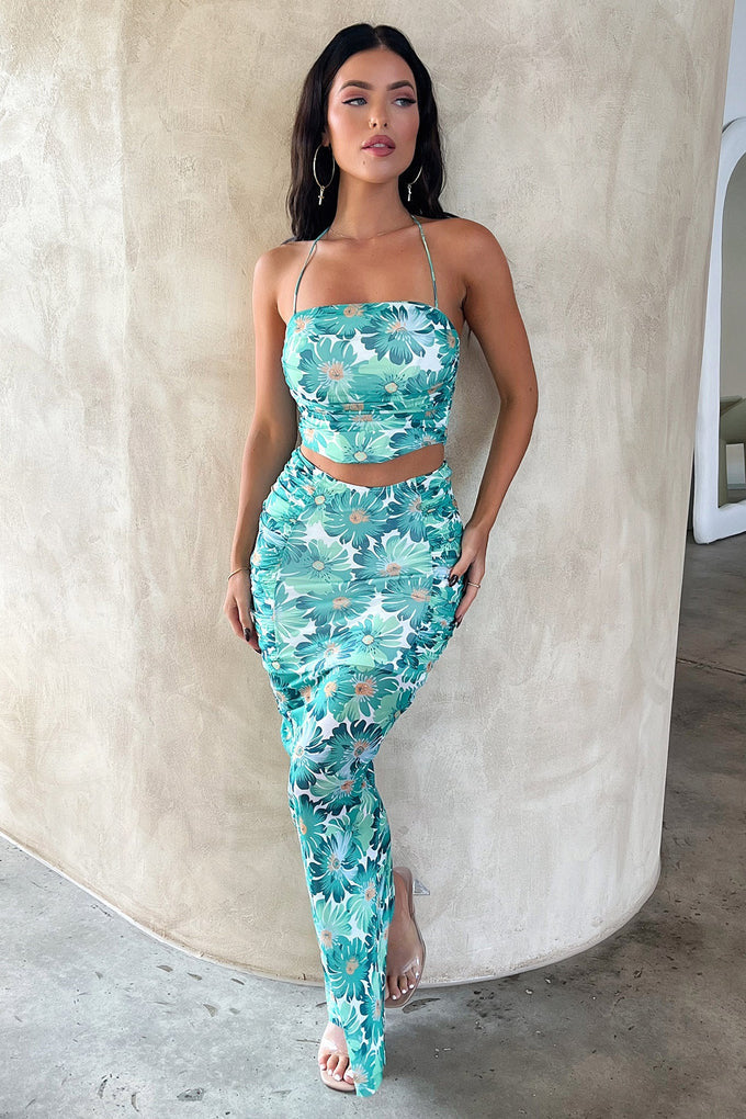 Damen Elegantes Crop-Top und Maxirock-Set mit floralem Design Skjora