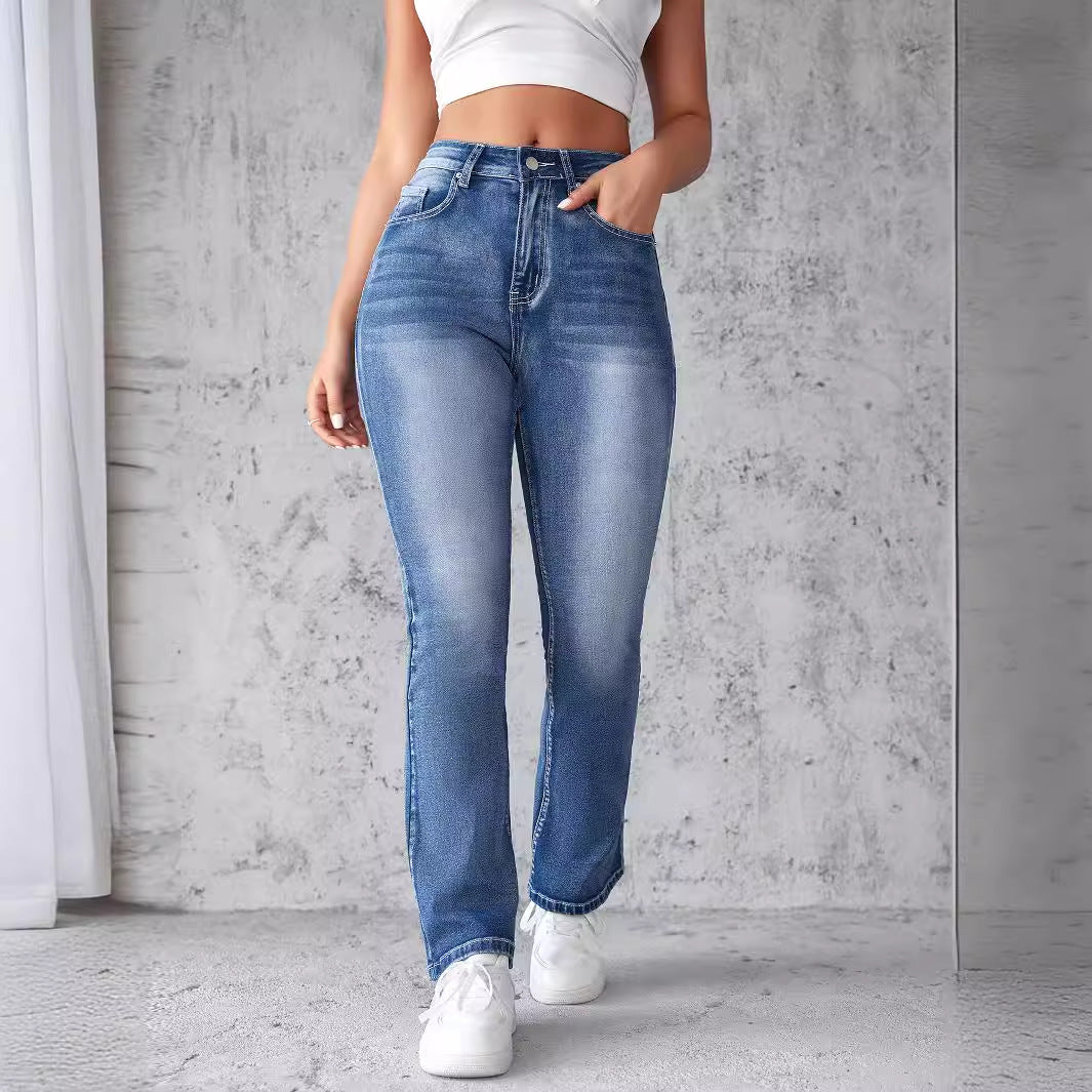 Kvinne Høyt Liv Stretch Jeans med Klippet Søm Skjora