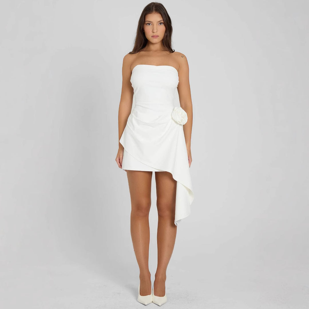 Ladies Elegant Strapless Asymmetrical Floral Wrap Dress Skjora