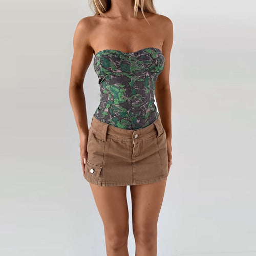 Dame skulderfri bustier-top med blomstertrykk og innsvinget silhuett Skjora