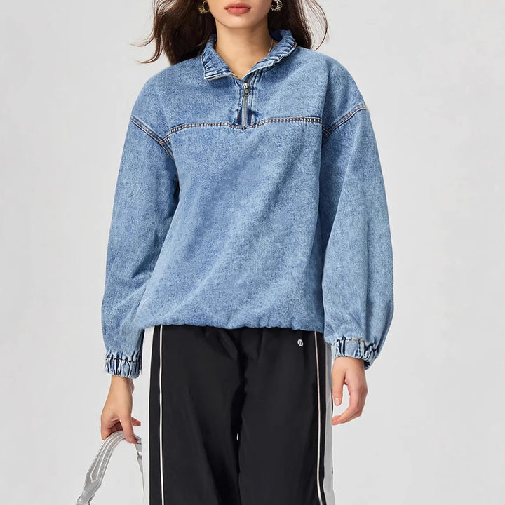 Kvinne løs denim genser med ståkrage og glidelås Skjora
