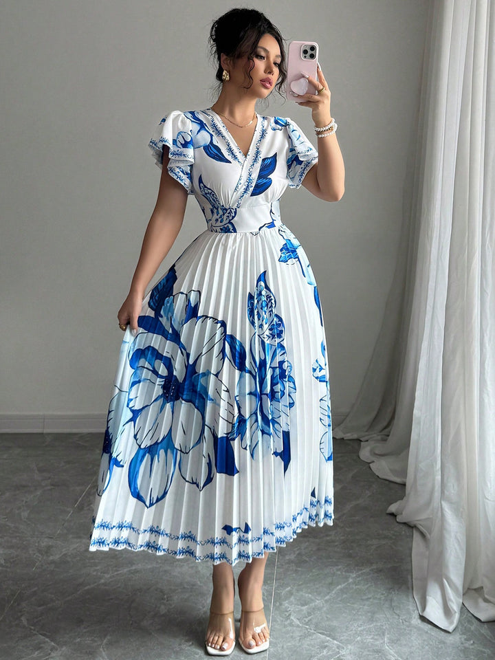 Damer Plisse Maxi Jersey Kjole med blomsterdetaljer og V-utsnitt Skjora