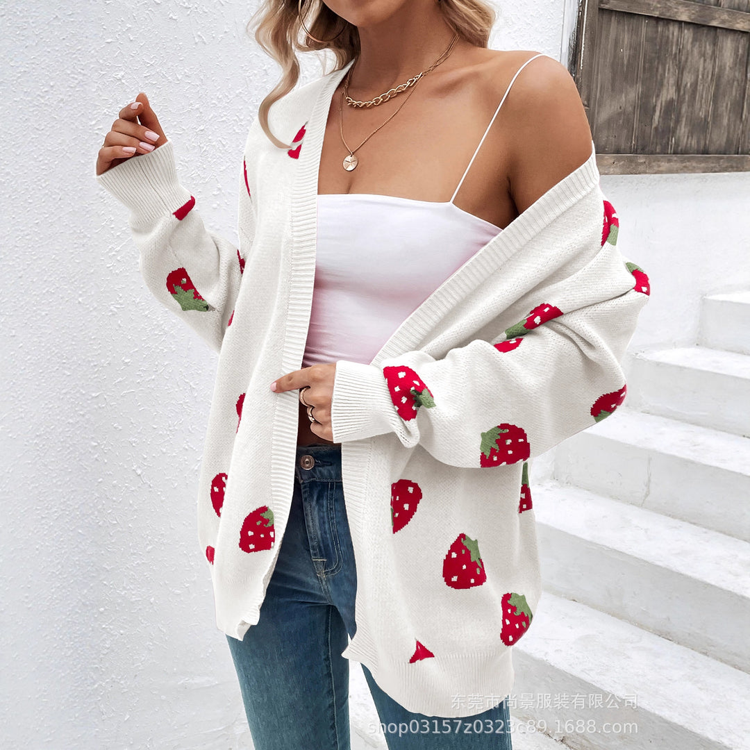 Dame cardigan med jordbærmønster Skjora