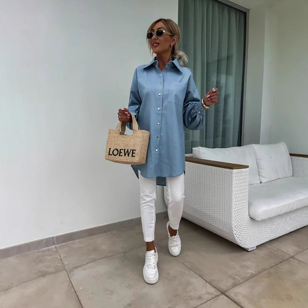 Kvinnes klassiske oversized blouse med knappedetaljer og brystlomme Skjora