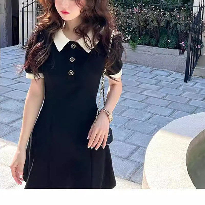Women's Short-Sleeve Polo Dress with Button Details and Contrast Collar
