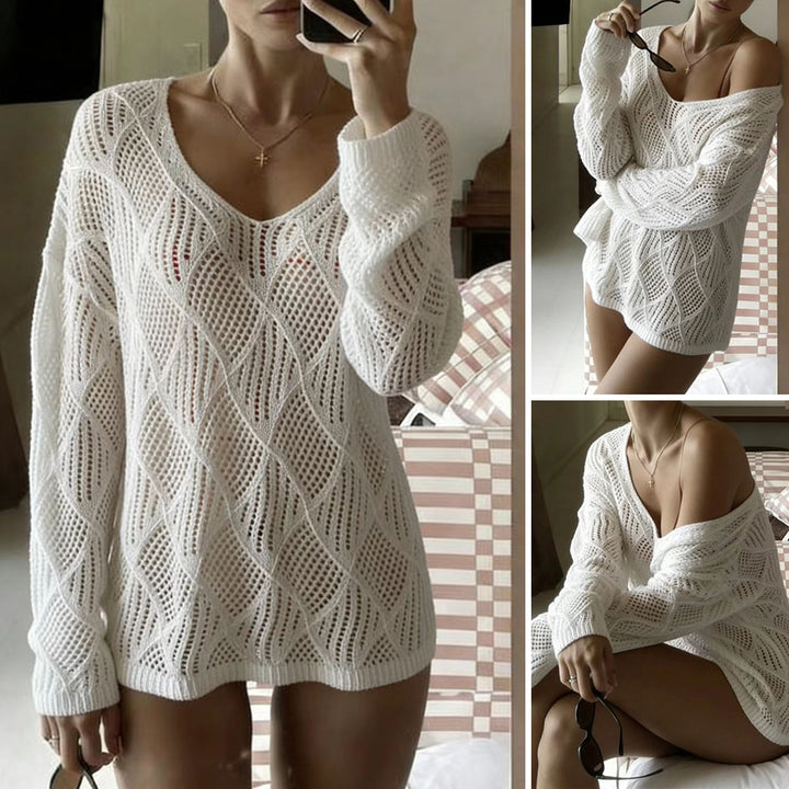 Damen legerer Netzpullover mit V-Ausschnitt und stylischen Details Skjora