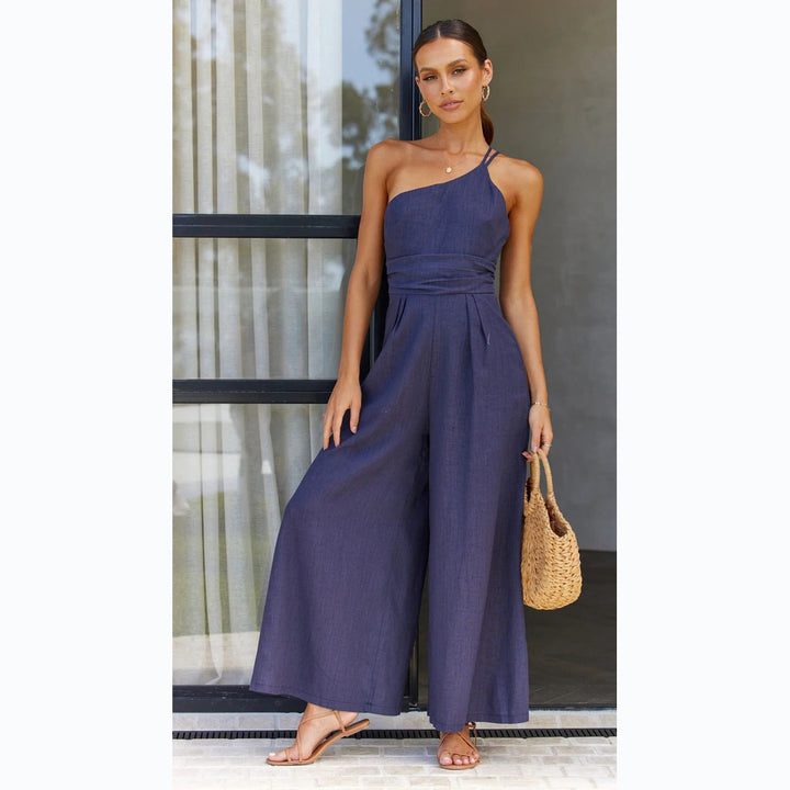 Dame jumpsuit i moderne omslagdesign med bred ben og av-shoulder cut