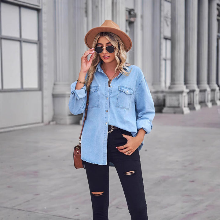 Kvinne Casual Denim Skjorte Bluse med Brystlommer Skjora