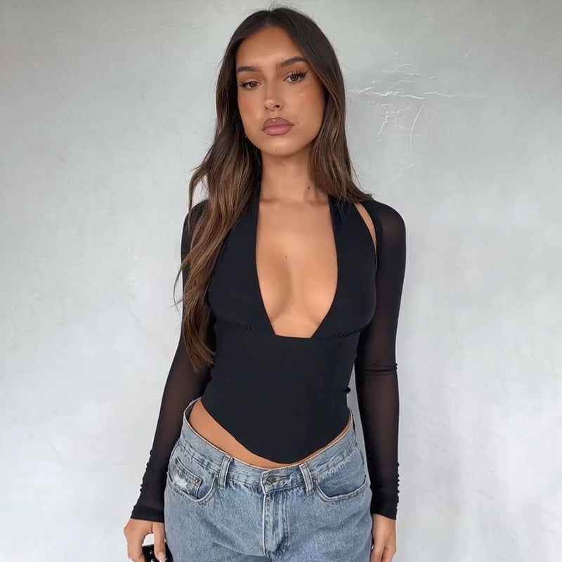 Dame Crop-Top med gjennomsiktige ermer og dyp V-hals Skjora