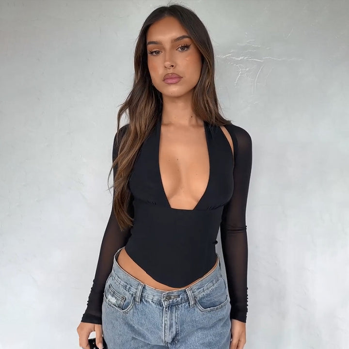 Dame Crop-Top med gjennomsiktige ermer og dyp V-hals Skjora
