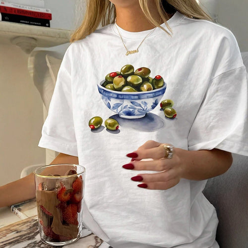 Dame T-skjorte med kreativt olivenmotiv Skjora