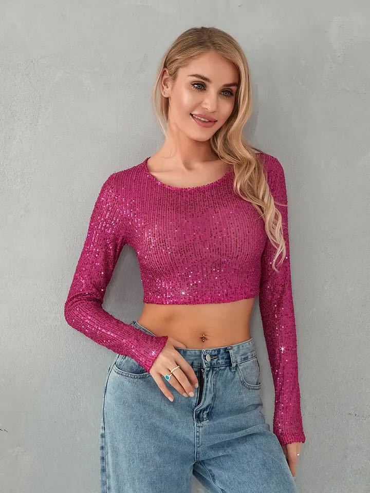 Kvinnes glitrende crop topp med lange ermer og tettsittende snitt