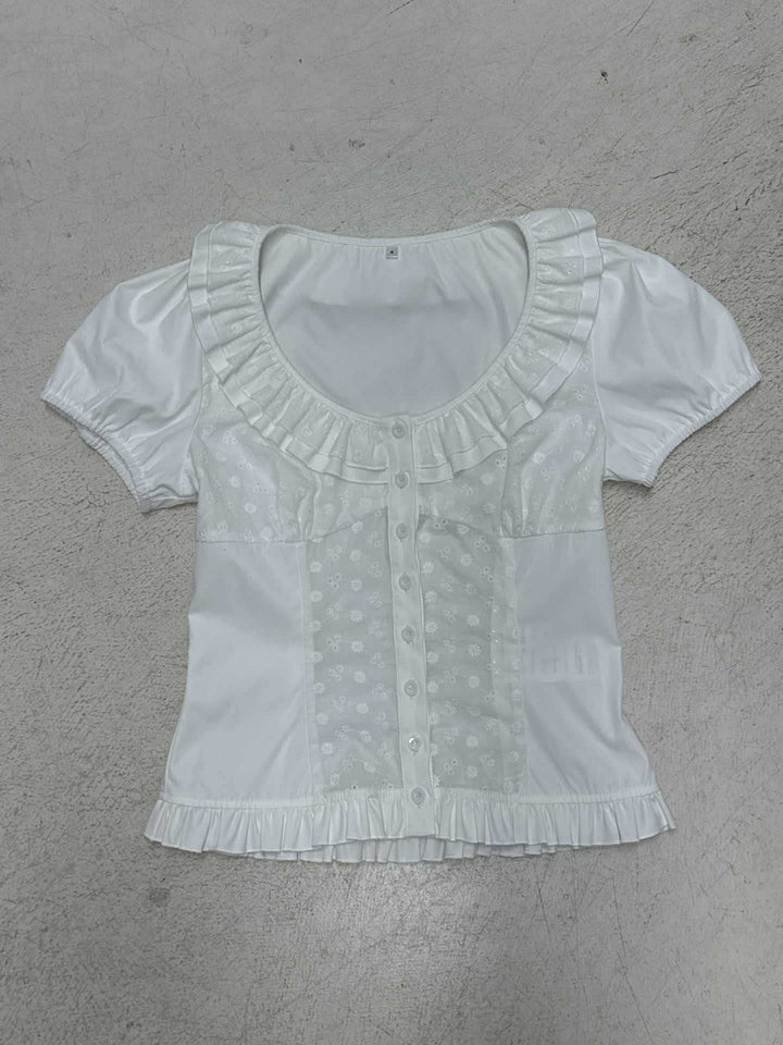 Dame volangbluse med blomsterinnsats og feminin snitt Skjora