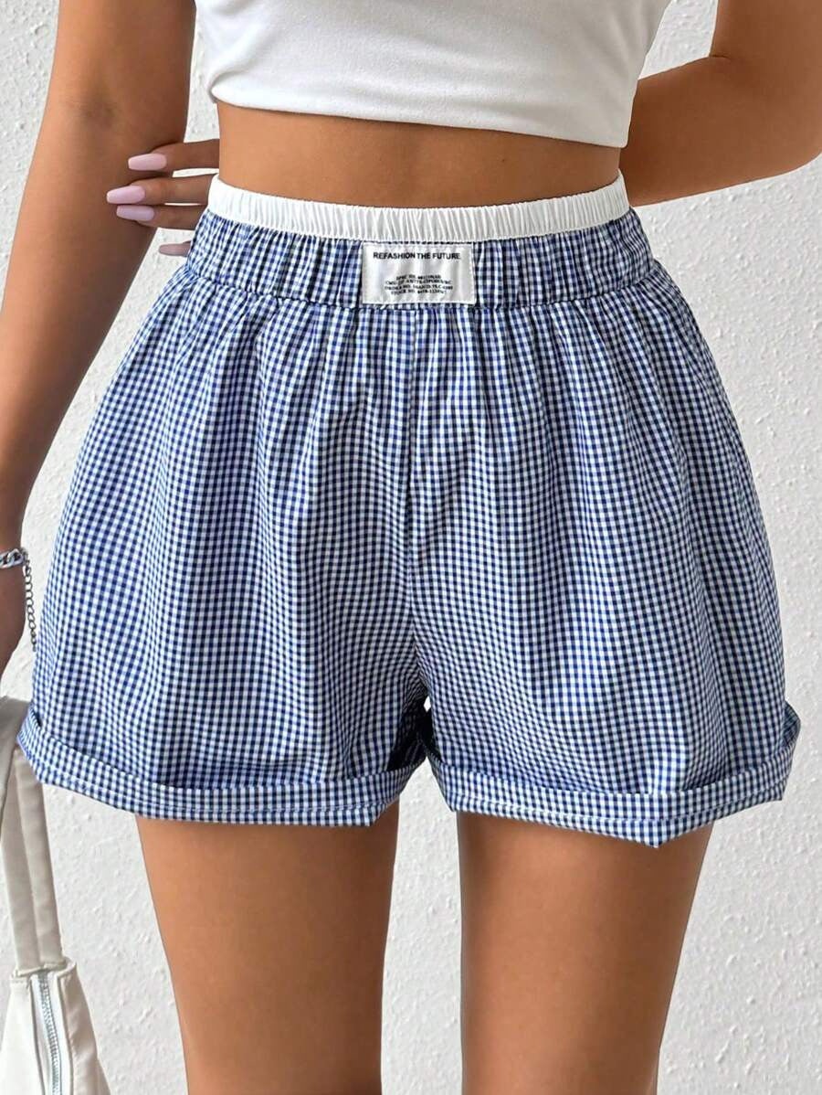 Dame casual Vichy-rutete shorts med elastisk midje Skjora