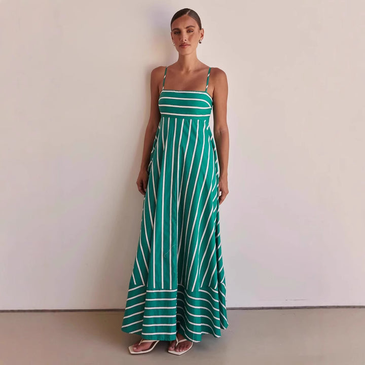 Kvinne Lange Ermer Maxi Kjole med Elegant Stripemønster og Flytende Snitt
