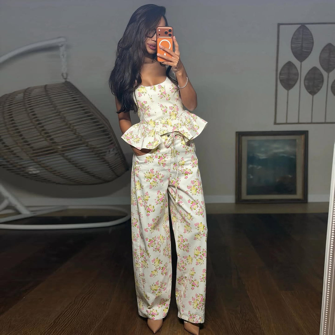 Dame To-dels Sett med Blomstrete Topp og Vide Bukser