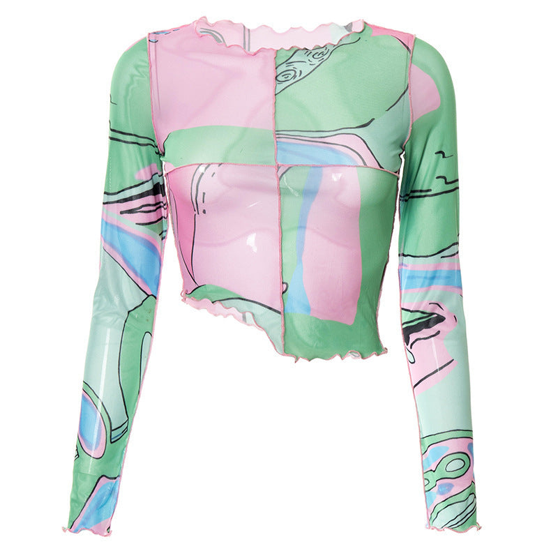 Dame Crop-Top med kreative grafiske trykk og figursydde snitt Skjora