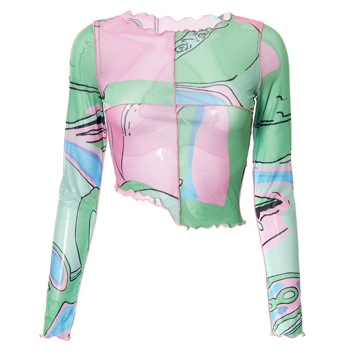 Dame Crop-Top med kreative grafiske trykk og figursydde snitt Skjora